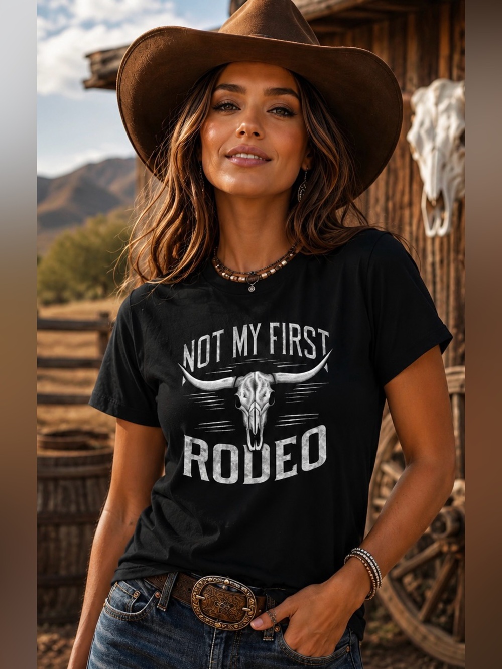 Western Ladies 100% Cotton Black Not My First Rodeo Steer Cowgirl Tee Shirt